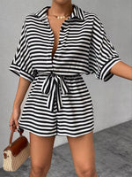 Striped Button-Up Belted Romper