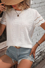 Eyelet Round Neck Short Sleeve Top - Ladyez