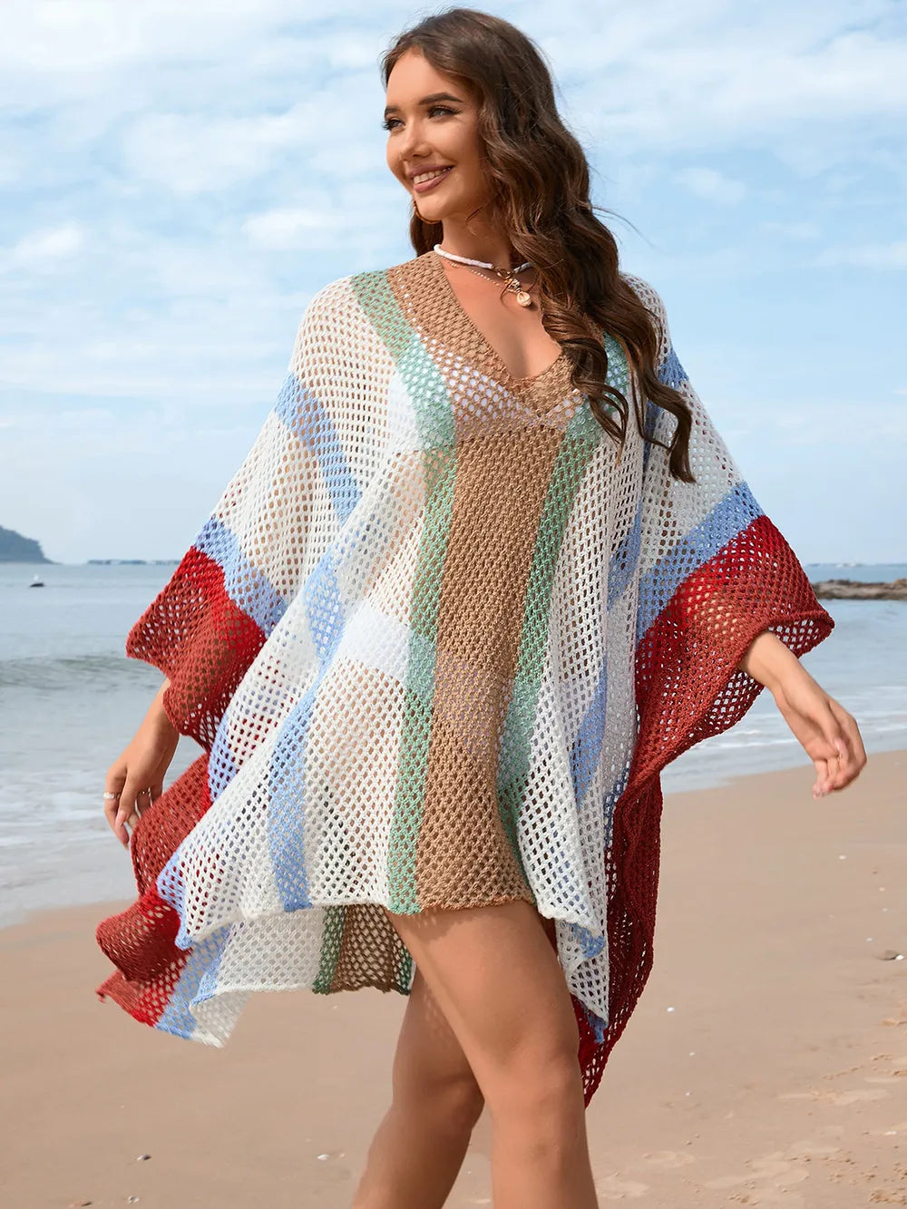 Openwork Color Block Plunge Cover-Up - Ladyez