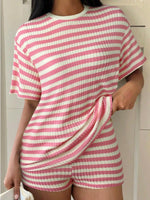 Striped Round Neck Top and Shorts Set