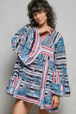 POL Striped Floral Long Sleeve Mini Dress with Pintuck Detail