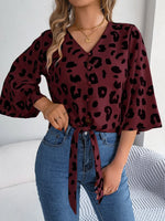 Tied Button Up Leopard V-Neck Blouse