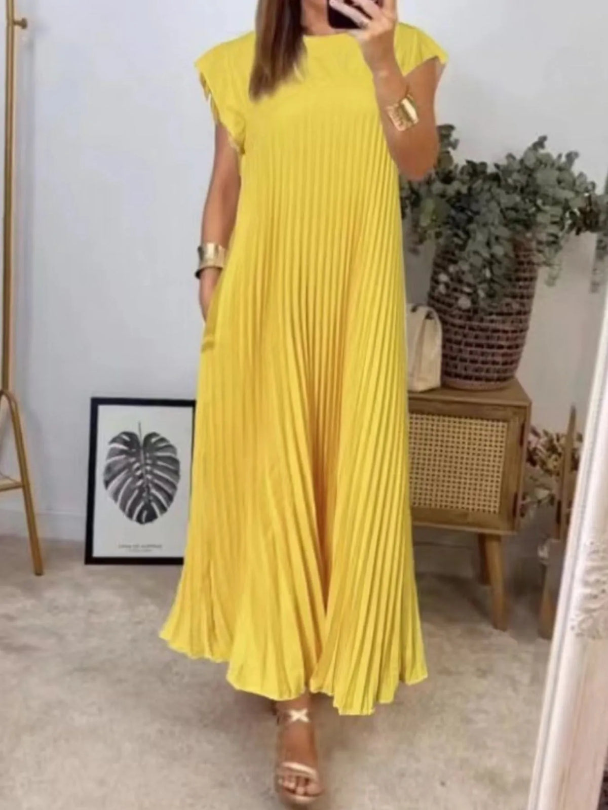 Full Size Pleated Round Neck Maxi Dress Plus Size - Ladyez