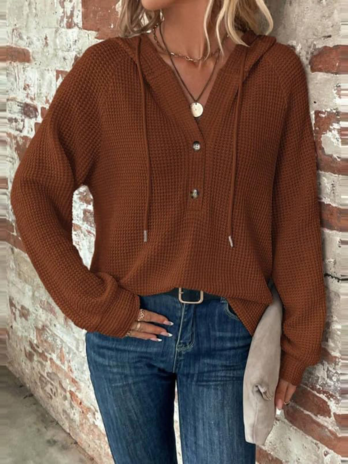 Waffle Knit Long Sleeve Drawstring Hooded Top - Ladyez