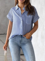 Full Size Striped Button-Up Casual Shirt with Pocket Plus Size - Ladyez