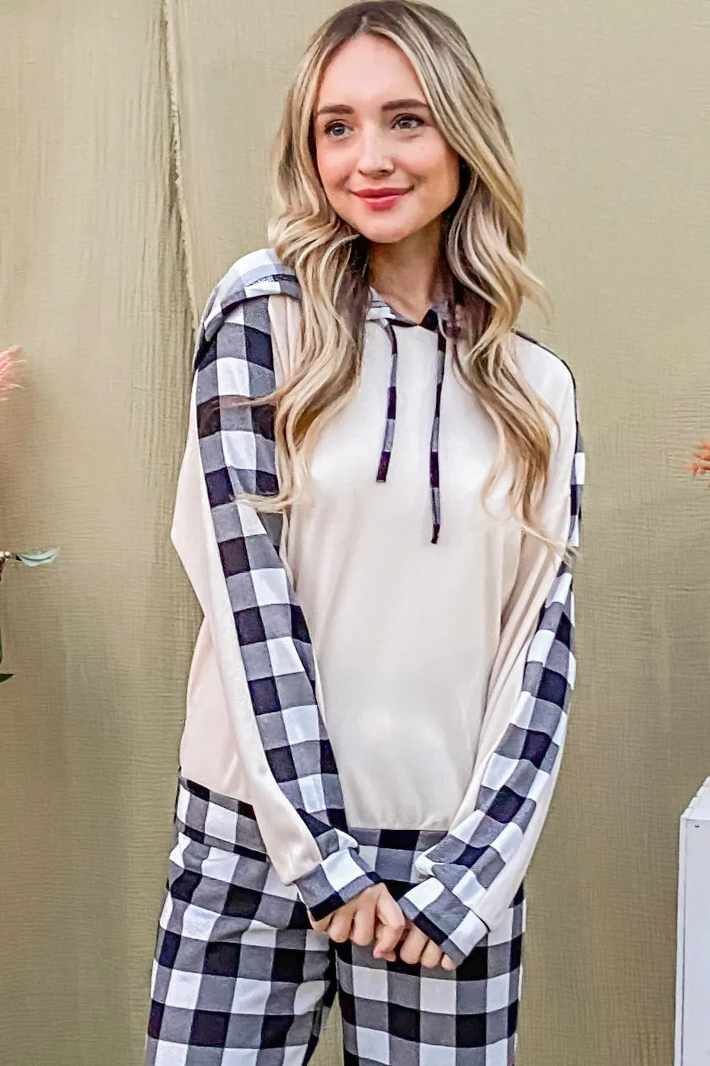 And The Why Drawstring Hooded Top and Plaid Pants Lounge Set - Ladyez