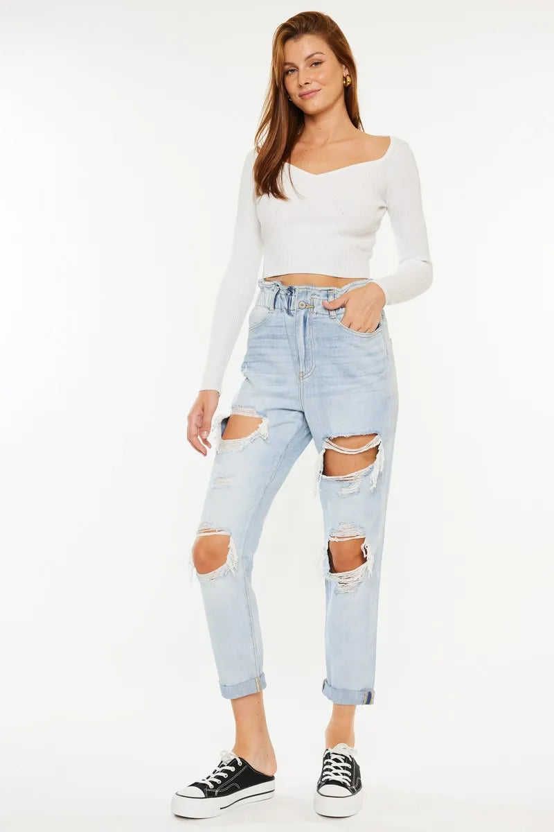 Kancan Open Pack Paperbag Mom Jeans - Ladyez