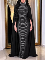Rhinestone Slit Flare Sleeve Cape Maxi Dress