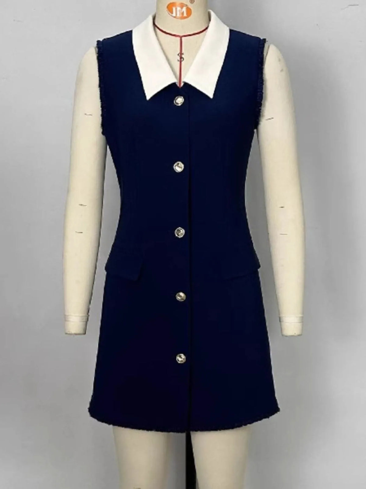 Contrast Collar Button-Front Sleeveless Mini Dress - Ladyez