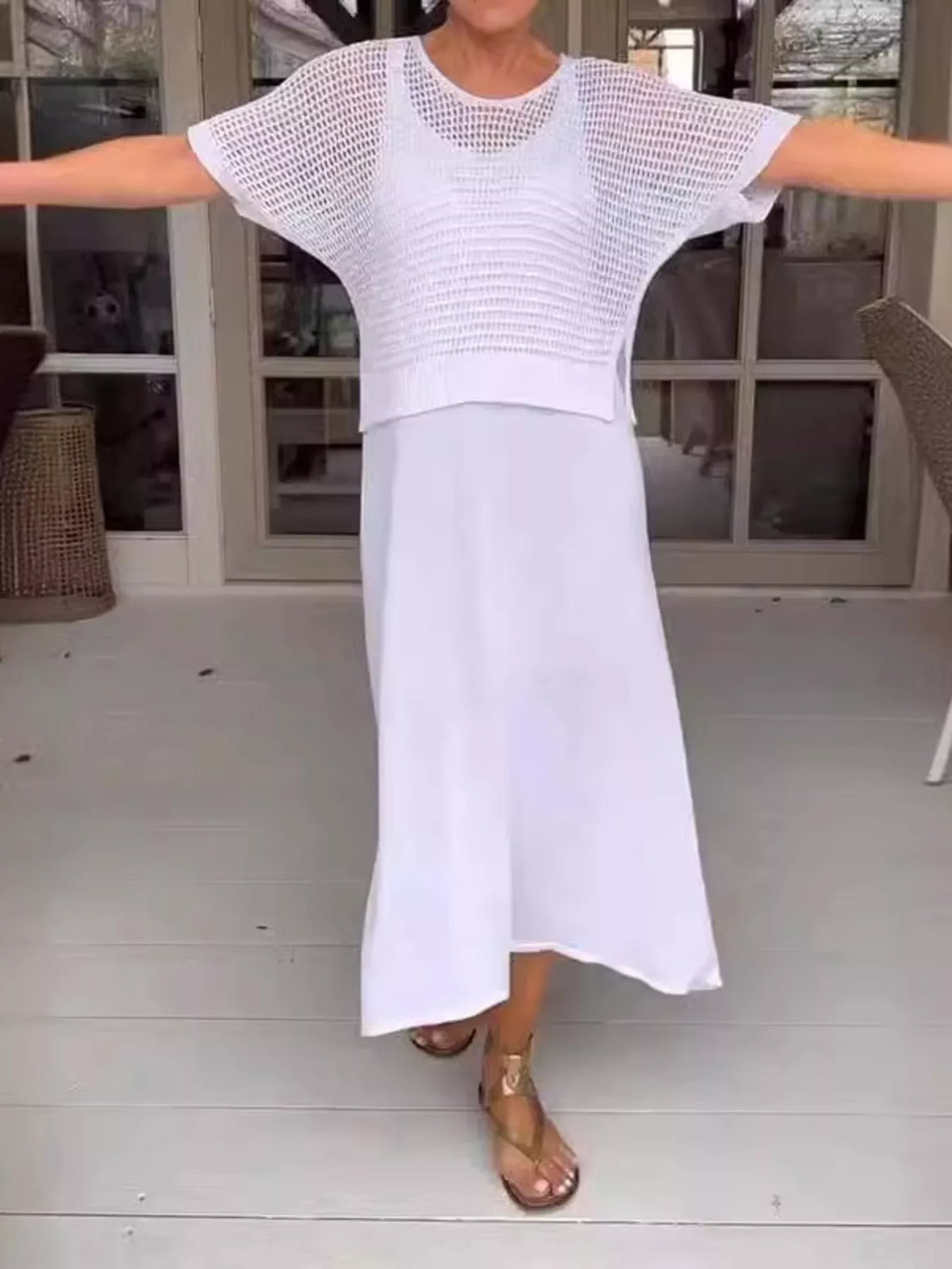 Full Size Openwork Knit Cover Up and Dress Set Plus Size