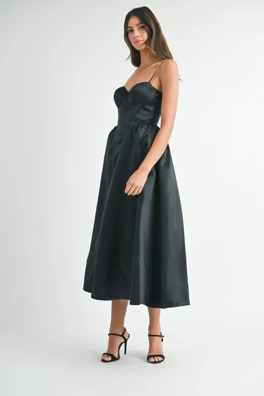 MABLE Solid Taffeta Spaghetti Strap Bustier Midi Dress - Ladyez