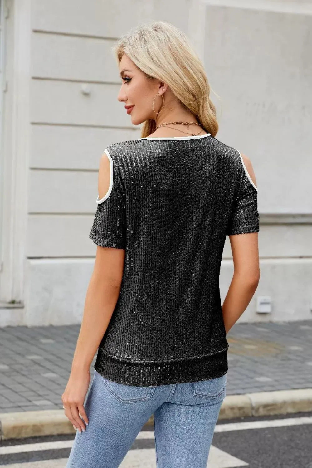 Sequin Crisscross V-Neck Cold Shoulder Blouse