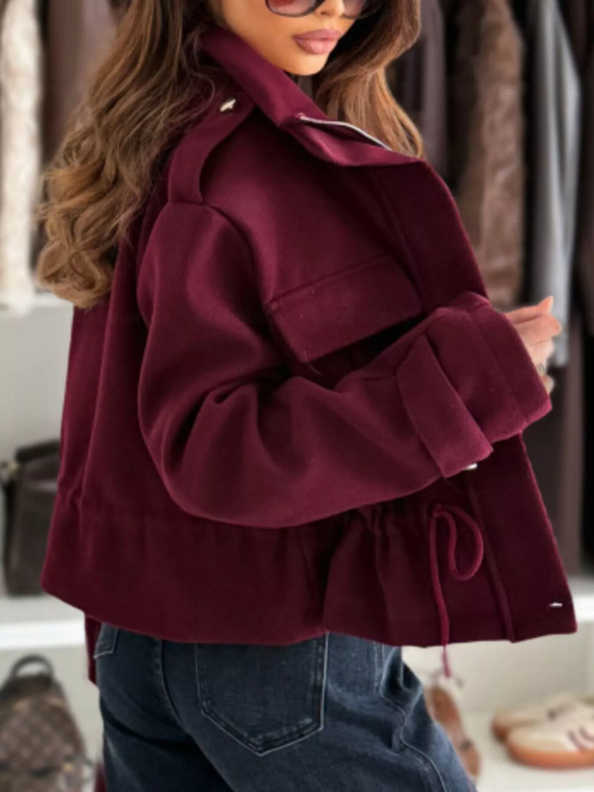 Drawstring Button-Up Casual Jacket