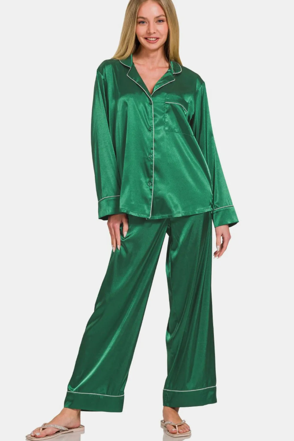 Zenana Satin Long Sleeve Shirt and Pants Pajama Set - Ladyez