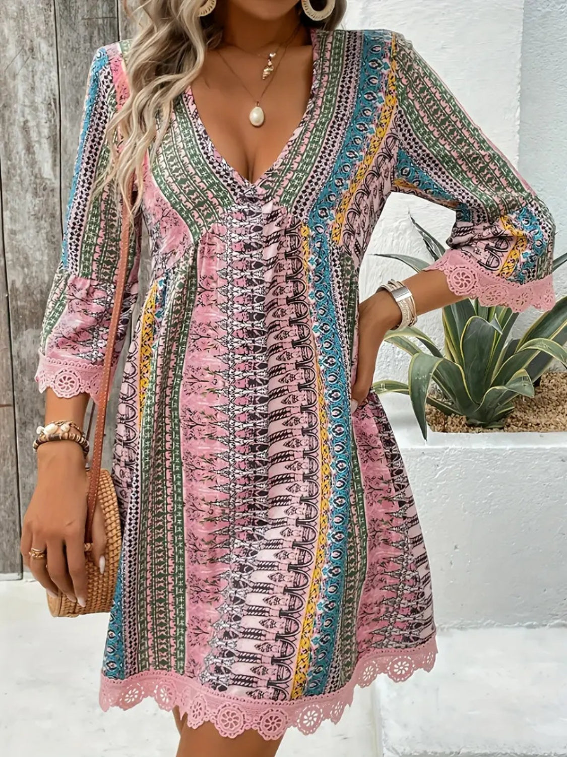 Lace Trim Printed V-Neck 3/4 Sleeve Dress - Ladyez