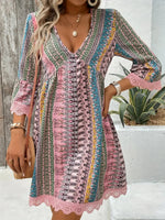 Lace Trim Printed V-Neck 3/4 Sleeve Dress - Ladyez