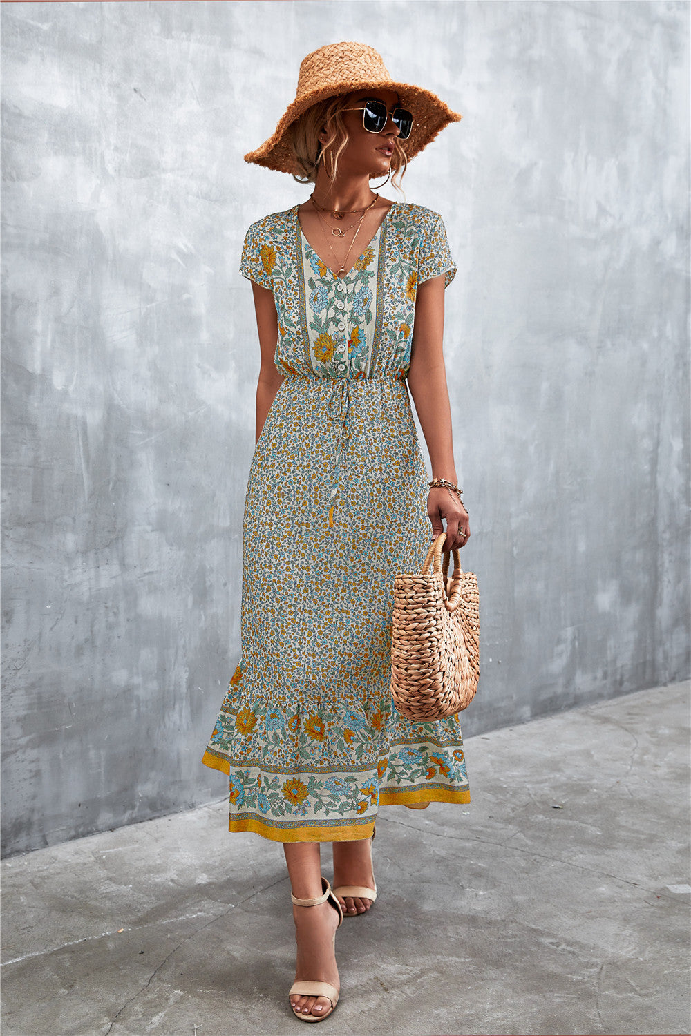 V-Neck Short Sleeve Printed Maxi Dress - Ladyez