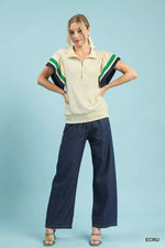 Umgee Textured Half Zip Top with Striped Flutter Sleeves