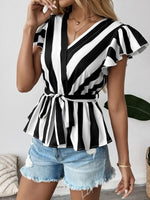 Striped Surplice Flutter Sleeve Wrap Blouse