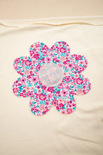 Flower Patched Exposed Stitching Trim Crew Neck Loose Tee