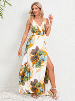 Slit Tied Printed Surplice Dress - Ladyez