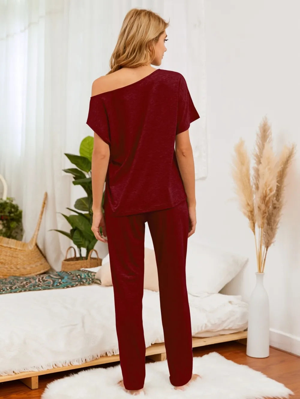 Boat Neck Top and Pants Lounge Set - Ladyez