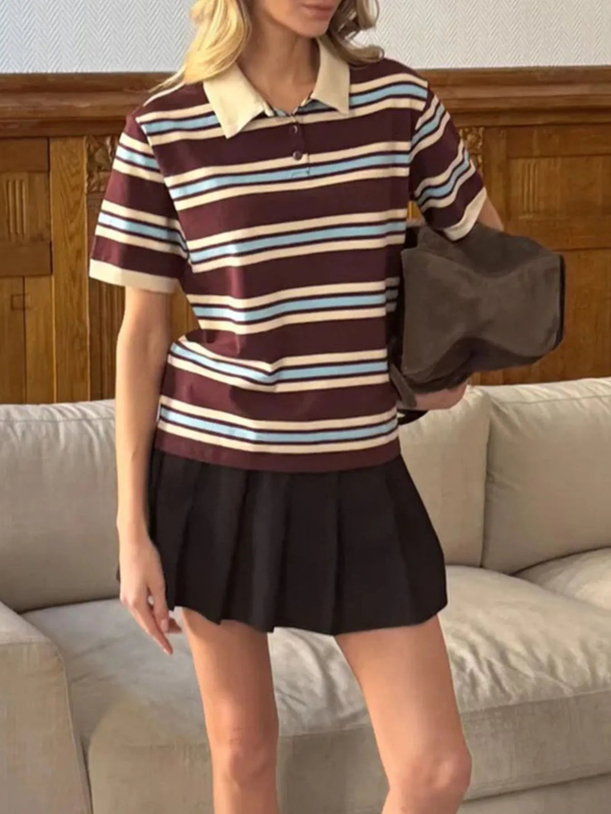 Striped Polo T-Shirt with Contrast Collar - Ladyez
