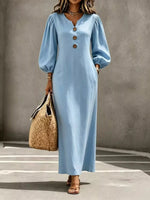Decorative Button Balloon Sleeve Maxi Dress