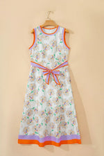 Floral Print Color Block Trim Belted Sleeveless Dress