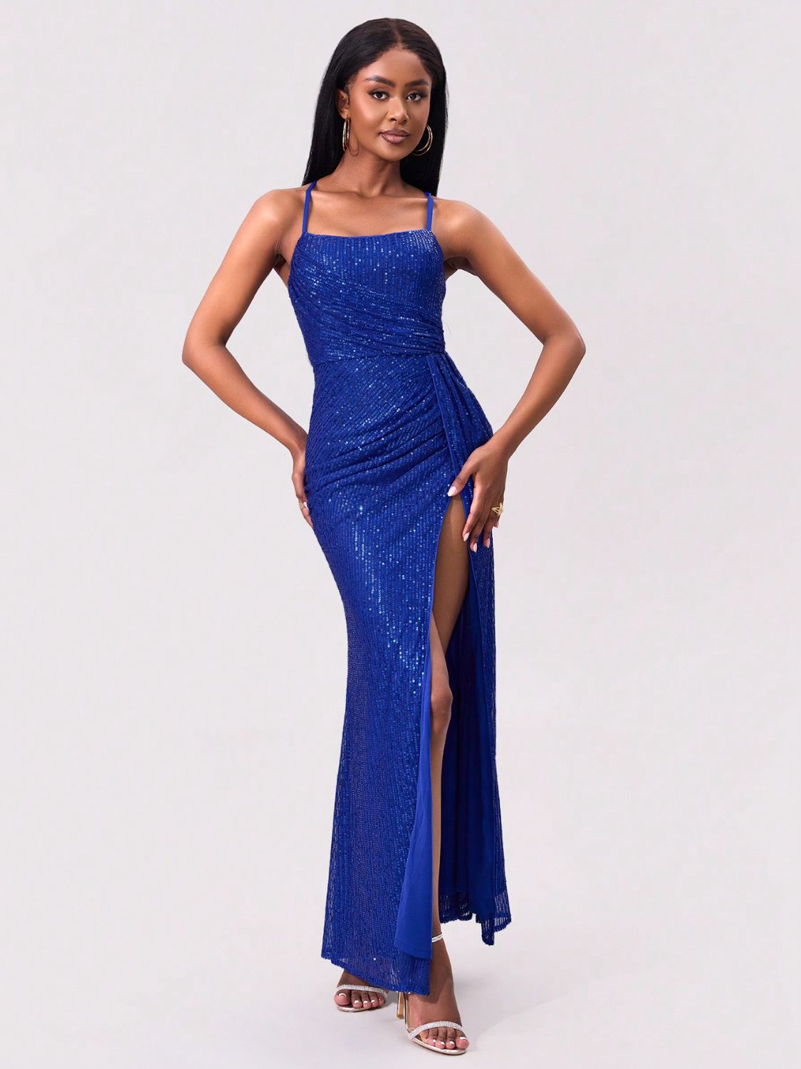 Slit Sequin Square Neck Spaghetti Strap Dress - Ladyez