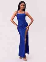 Slit Sequin Square Neck Spaghetti Strap Dress - Ladyez