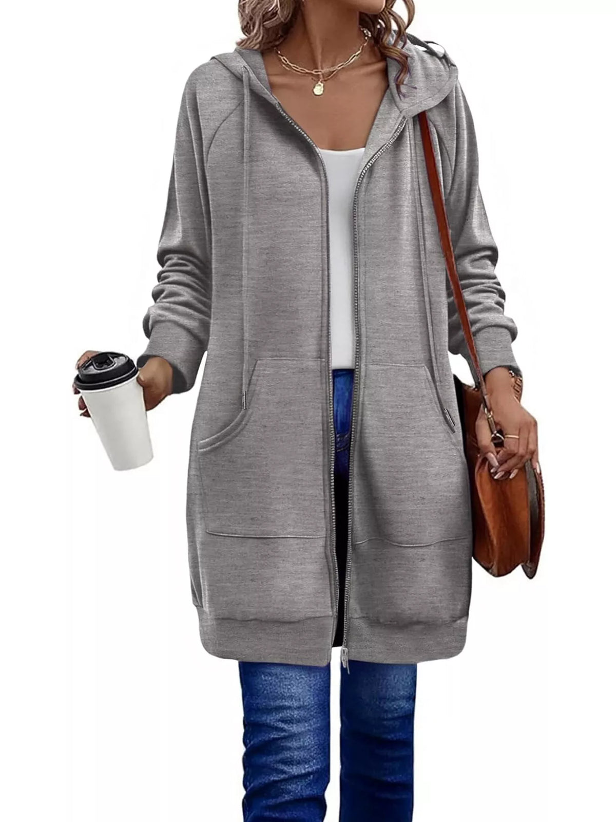 Casual Longline Zip-Up Hooded Outerwear