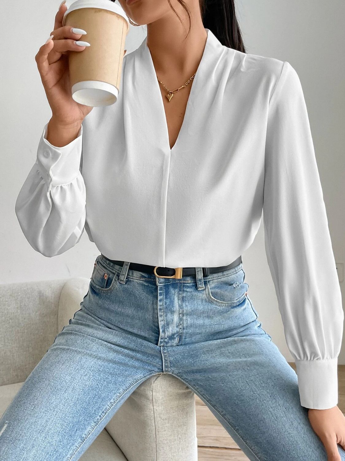 V Neck Long Sleeve Top - Ladyez
