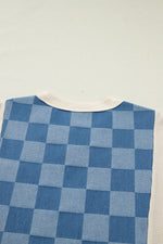 Checkered Denim Patchwork Short Sleeve Loose Top