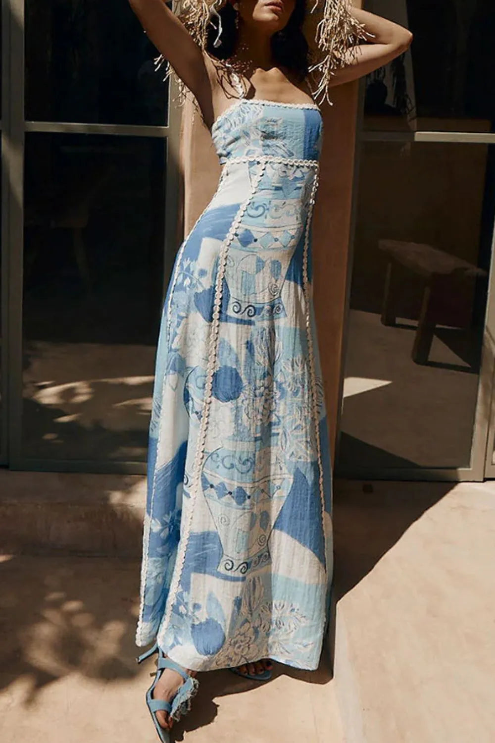 Cutout Back Printed Square Neck Maxi Dress - Ladyez