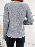 Full Size Scalloped Trim V-Neck Sweater Plus Size