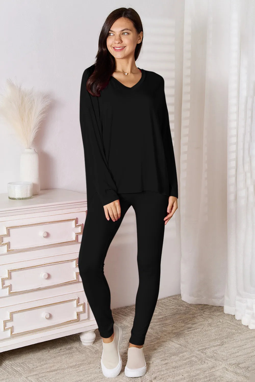 Basic Bae Bamboo Full Size V-Neck Long Sleeve Top and Pants Lounge Set - Ladyez