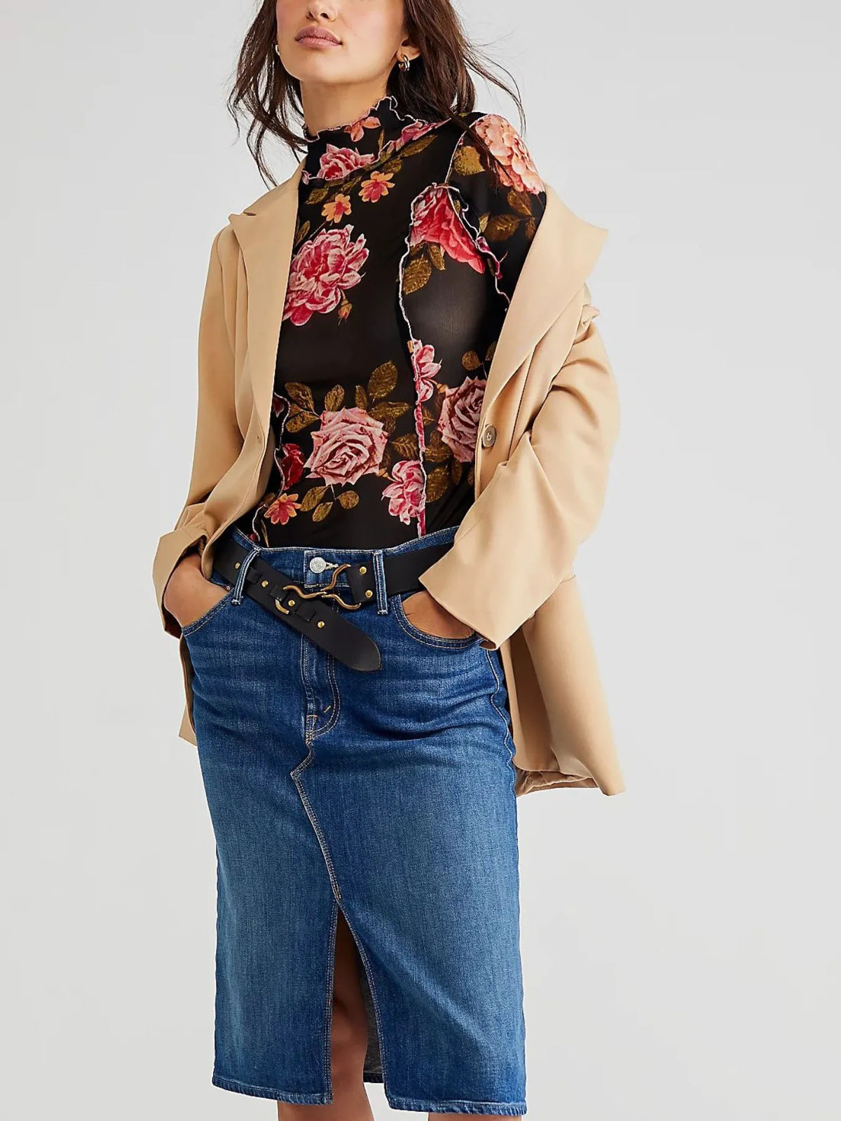 Floral Print Mock Neck Long Sleeve Top - Ladyez