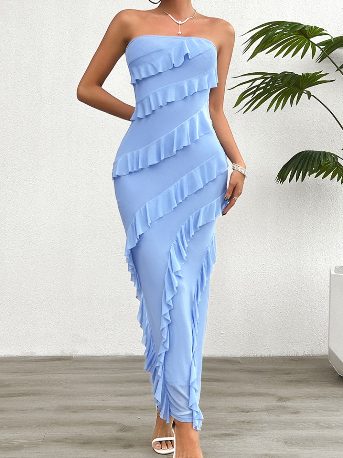 Devine Ruffled Slit Back Tube Maxi Dress - Ladyez
