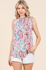 Lime 'N' Chili Full Size Graphic Print Ruffle Trim Mock Neck Sleeveless Top Plus Size
