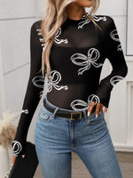 Printed Mock Neck Long Sleeve Mesh T-Shirt