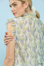 Umgee Floral Print Flutter Sleeve Split Neck Top