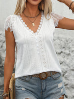 Perfee Eyelet Lace Detail V-Neck Cap Sleeve Top - Ladyez