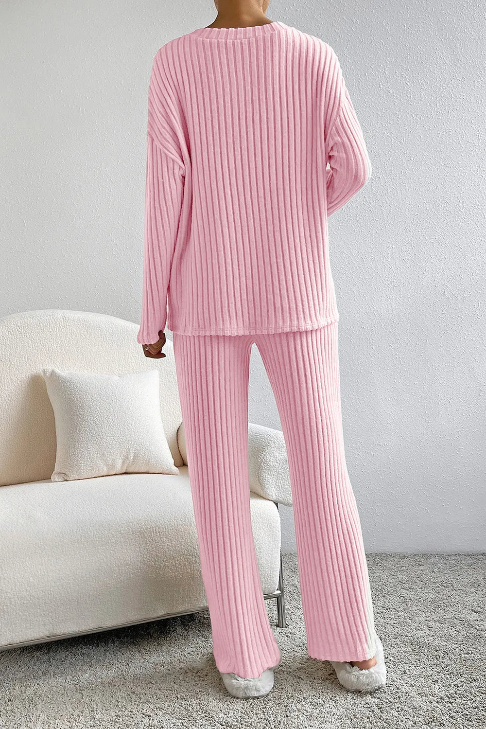 Ribbed V-Neck Top and Pants Lounge Set - Ladyez