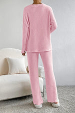 Ribbed V-Neck Top and Pants Lounge Set - Ladyez