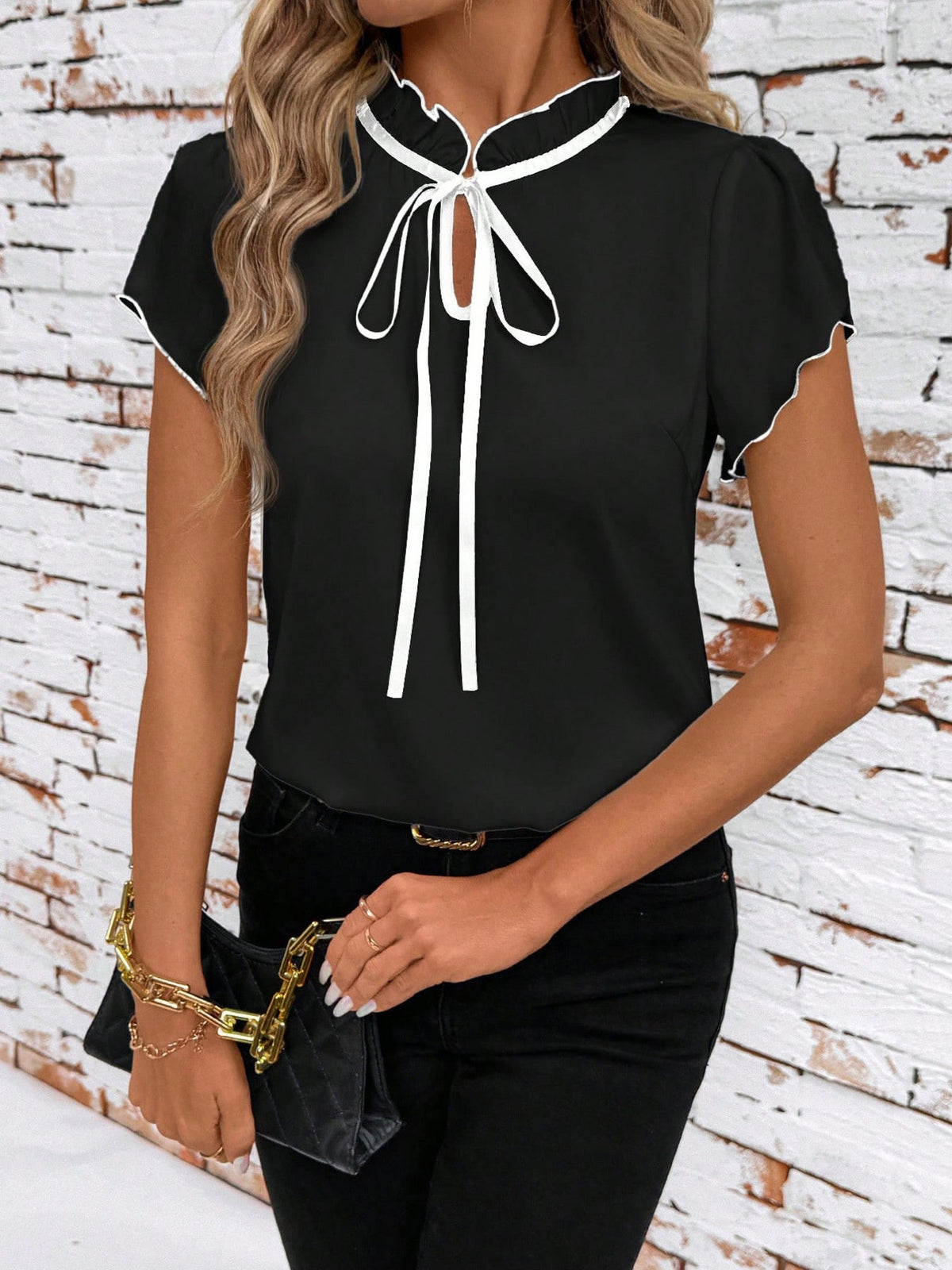 Tie Neck Short Sleeve Blouse