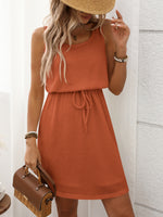 Waffle-Knit Drawstring Mini Tank Dress - Ladyez