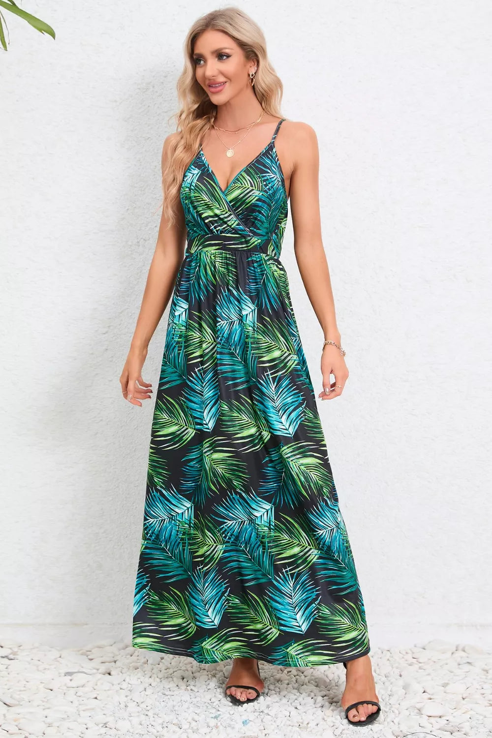 Printed Surplice Maxi Cami Dress - Ladyez