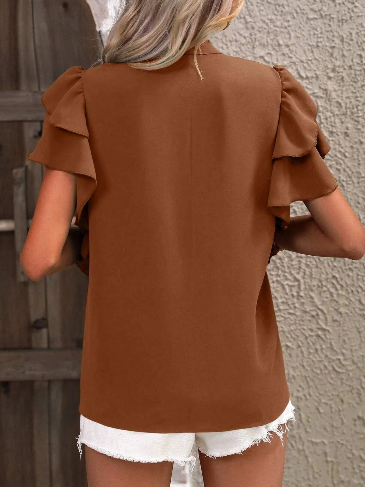 Ruffle Sleeve Notched Blouse - Ladyez