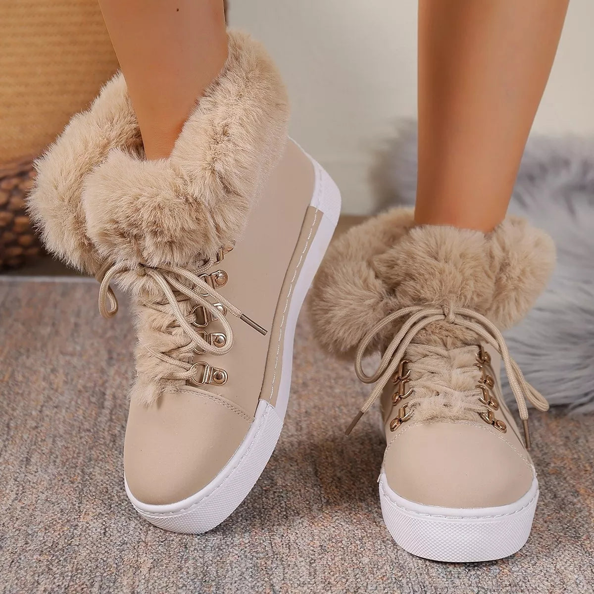 Fuzzy Trim Lace-Up Ankle Boots